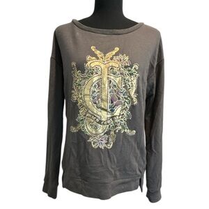 Juicy Couture gray pullover graphic sweatshirt floral & jeweled logo size medium